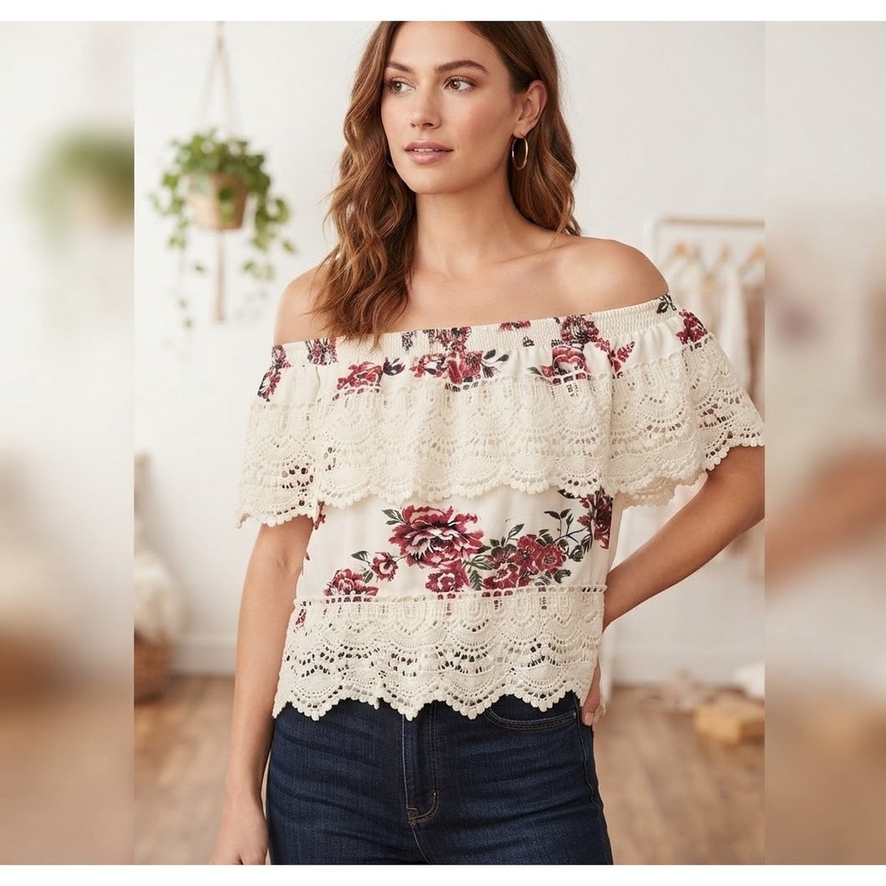 No Boundaries Juniors XXXL Floral Off Shoulder Lace Trim Blouse Boho Coquette